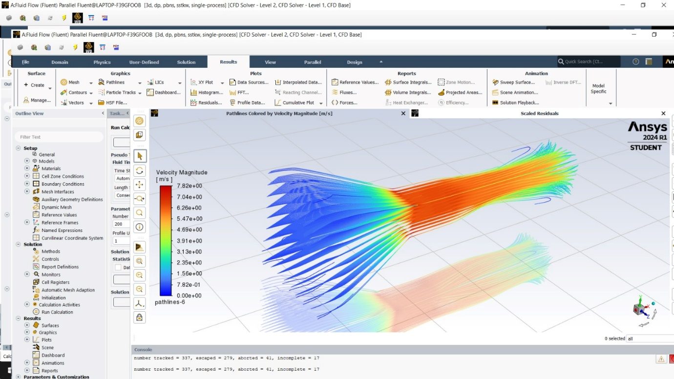 ANSYS Fluent — pathlines colored by velocity magnitude